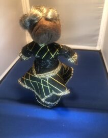 Handmade cloth doll in black and gold dress