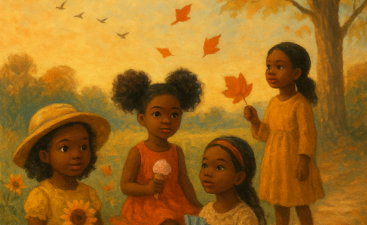 Four girls in autumn scene with pumpkin Four girls in autumn scene with pumpkin